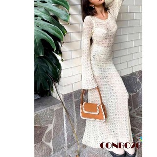 Đầm lưới tay dài đi biển dệt kim, đầm mặc ngoài bikini xuyên thấu thời trang[ Hàng sẵn ]