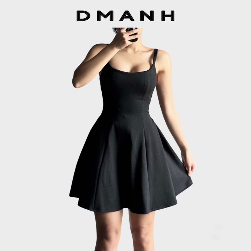 𝐃𝐦𝐚𝐧𝐡 - D6 Váy Đầm Xoè xếp ly 2 dây bản to ngắn chiết eo tạo bồng hack hông màu đen siêu dày mềm mịn