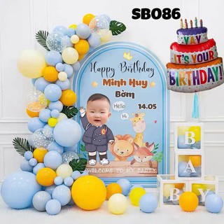 Set bóng sinh nhật kèm phông bạt in tên tuổi bé trang trí sinh nhật tone xanh dễ thương cho bé