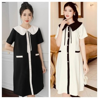 Váy bầu công sở, đầm bầu kẻ cổ sen bo tay