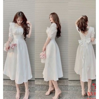 Đầm dự tiệc cổ vuông dập ly đuôi xòe,lưng thắt nơ vải siêu đẹp