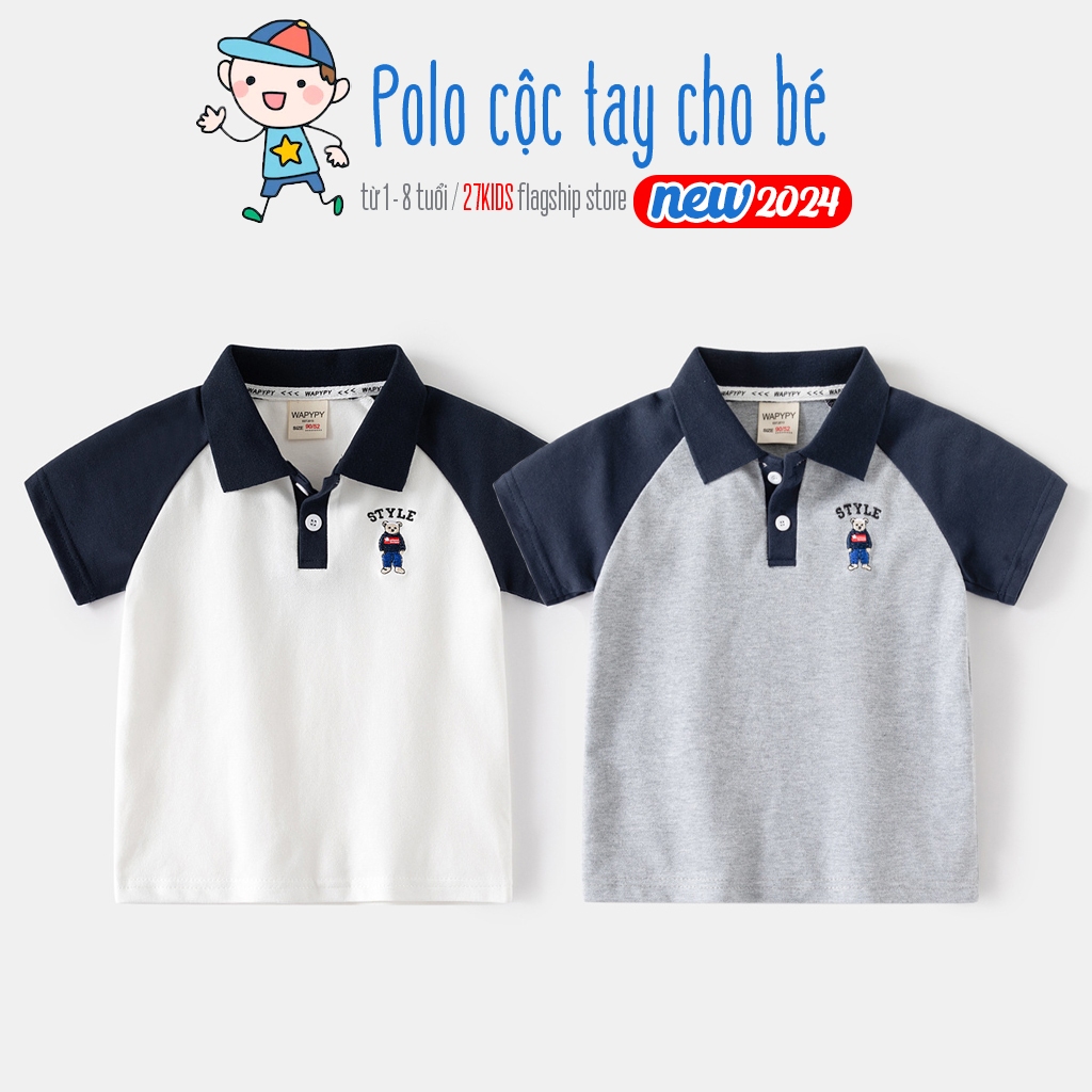 Áo Polo cho bé WAPYPY áo thun có cổ hoạ tiết thêu gấu chất cotton mẫu mới 2024