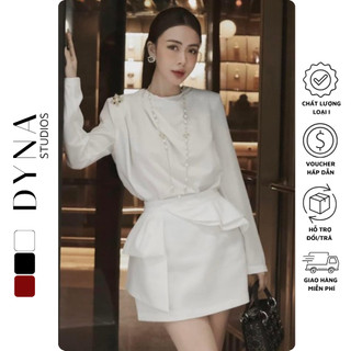 Set áo cổ tròn dài tay nhún vai đính tag 𝐀𝐒𝐇𝐘𝐋𝐄𝐘 kèm chân váy zip ngắn phối vạt