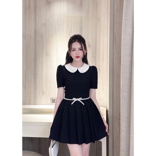 Váy thiết kế tiểu thư cao cấp chân váy xòe xếp, đầm phối cổ trắng nơ eo kèm tag đá by ZiZi Design