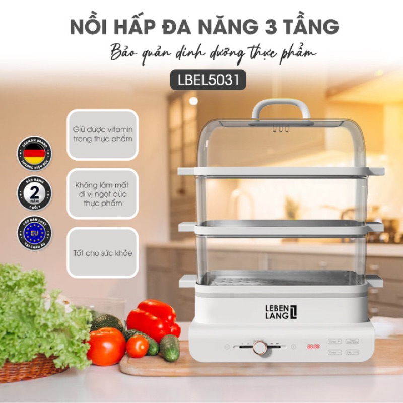 Nồi hấp điện 3 tầng LEBENLANG LBEL5031, dung tích 18L