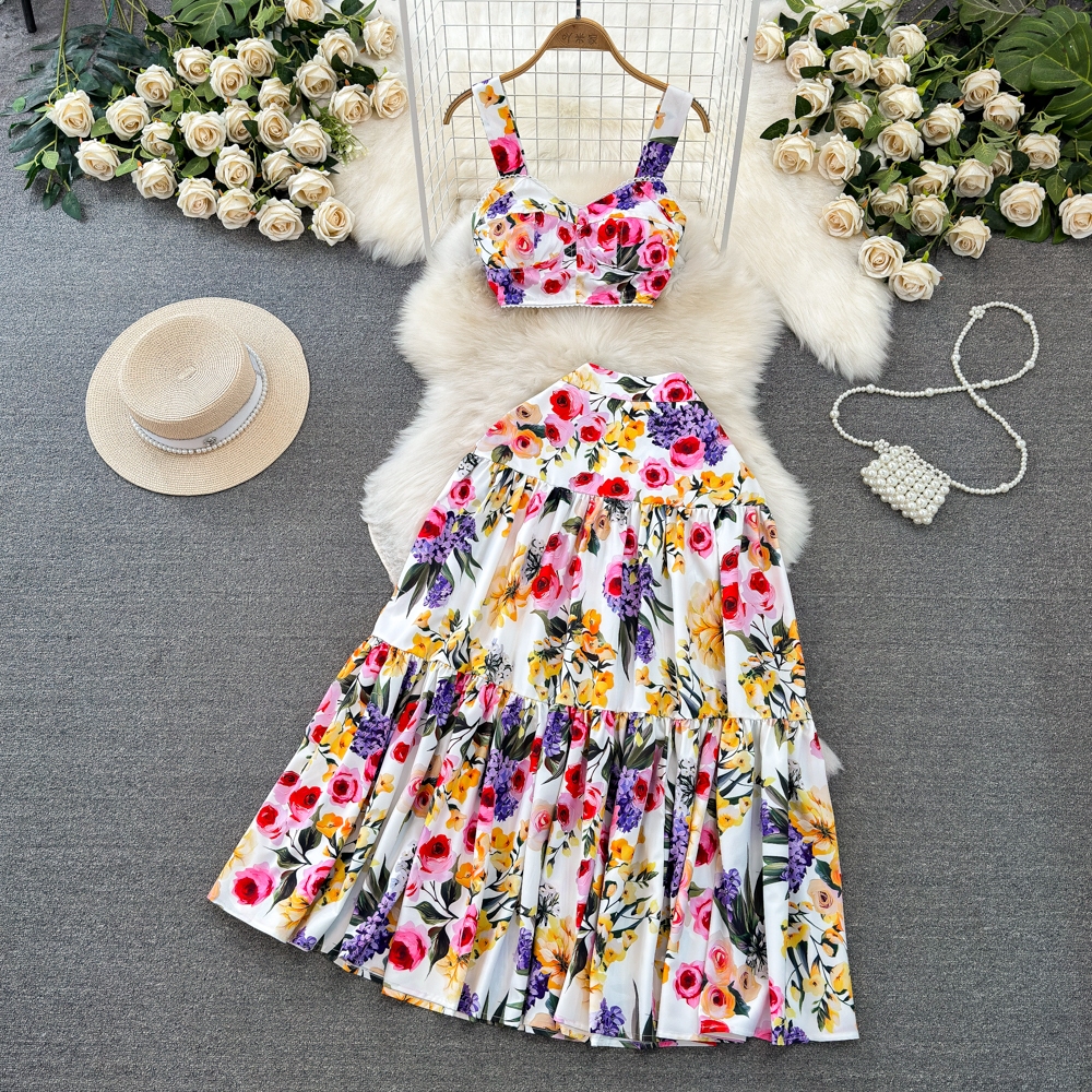 Set thời trang nữ Quảng Châu gồm áo croptop hai dây + chân váy dáng A họa tiết hoa siêu xinh