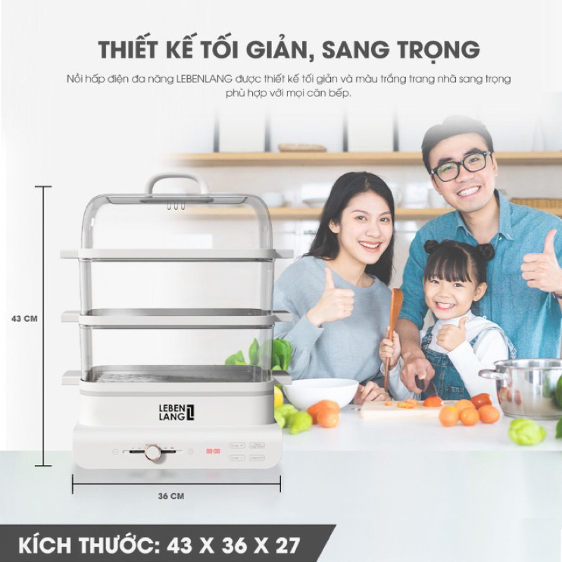 Nồi hấp điện 3 tầng LEBENLANG LBEL5031, dung tích 18L