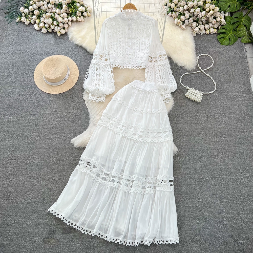 Set thời trang nữ Quảng Châu gồm áo dài tay croptop + chân váy dáng A siêu xinh viền ren