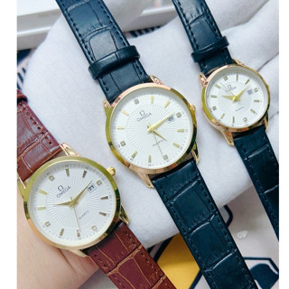 Đồng hồ nam nữ OMG dây da có lịch ngày sang trọng lịch lãm, chống nước tuyệt đối Omega