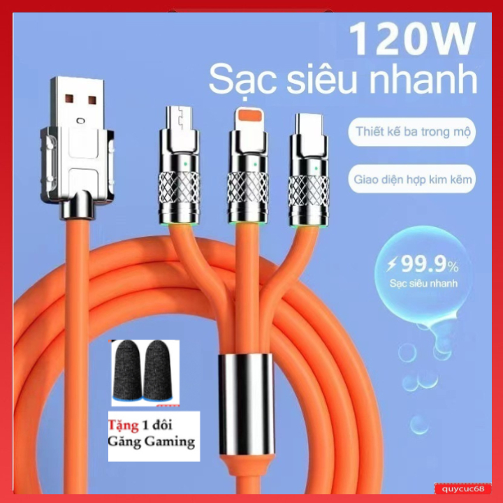 Cáp Sạc Nhanh 3 đầu hỗ trợ sạc nhanh 3 trong 1 chất liệu silicon và hợp kim kẽm bền 120W 6A đầy đủ  và tiện ích