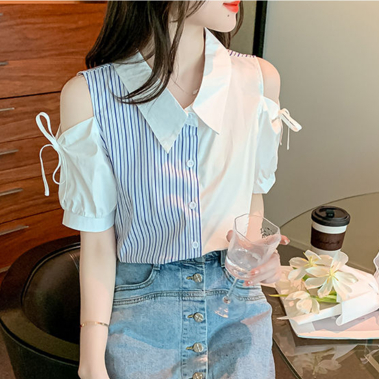 Áo Cộc Sơ Mi Lụa Nữ Hở Vai Phối Sọc Trẻ Trung Năng Động M17