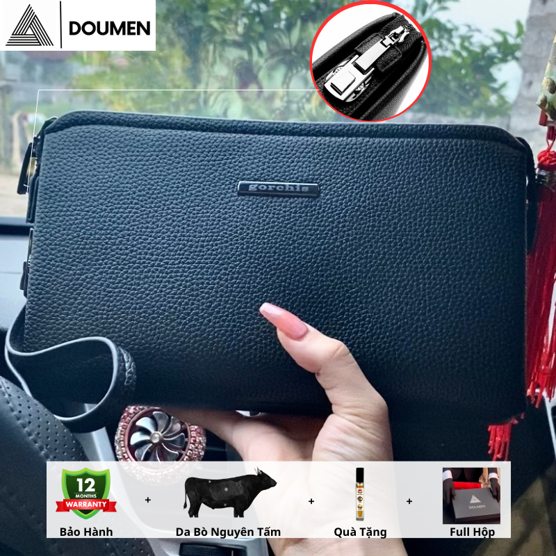 Clutch Túi Ví Doumen Da Bò Khóa Số Bảo Mật logo dài