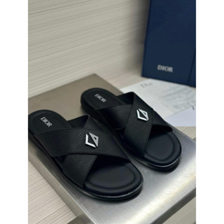 [Hight Quality] - Dép D10r - Dép D10r Quai Da Đan Chéo Logo Bạc Ailias Black Grained Calfskin Fullbox- Chuẩn Hàng QCCC