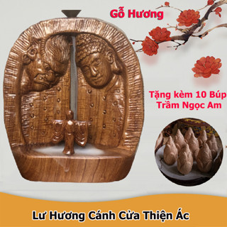 [ FreeShip Max ] Tượng Gỗ Cánh Cửa Thiện Ác , Lư Xông TRầm Thác Khói Cao Cấp Gỗ Hương