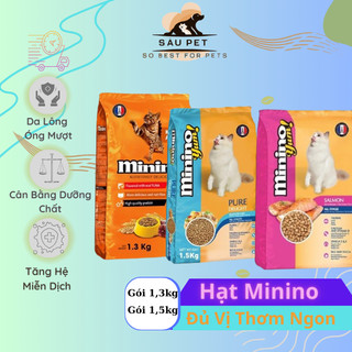 Thức ăn hạt cho mèo minino yum vị gà, hải sản túi 1,3kg vs 1,5kg.