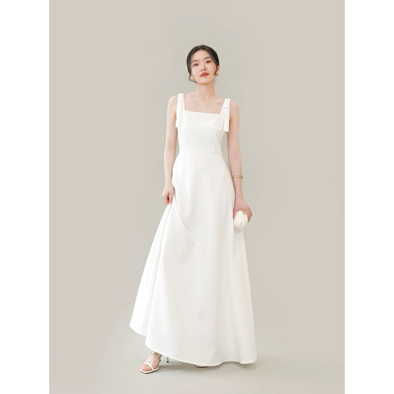 Đầm tiệc 2 dây, váy cưới 2 dây cao cấp sang trọng. Đầm trắng dự tiệc dáng dài