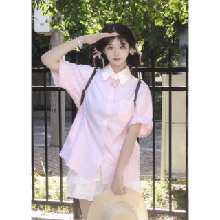  Áo sơ mi kẻ NGẮN TAY PHỐI CỔ dáng suông siêu xinh
