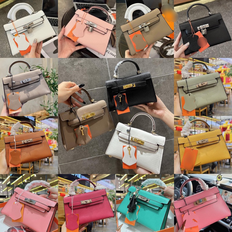 Túi quai xách H dáng ken ly da gạo trơn dáng thấp size19