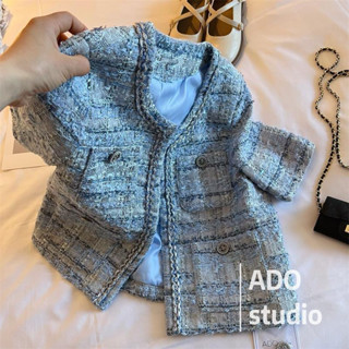 Áo dạ tweed xanh cộc tay cao cấp