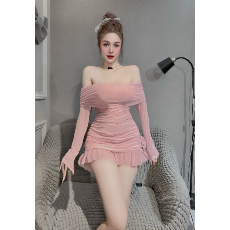 ĐẦM BODY TRỄ VAI ĐÍNH HOA BÈO THUN LƯỚI