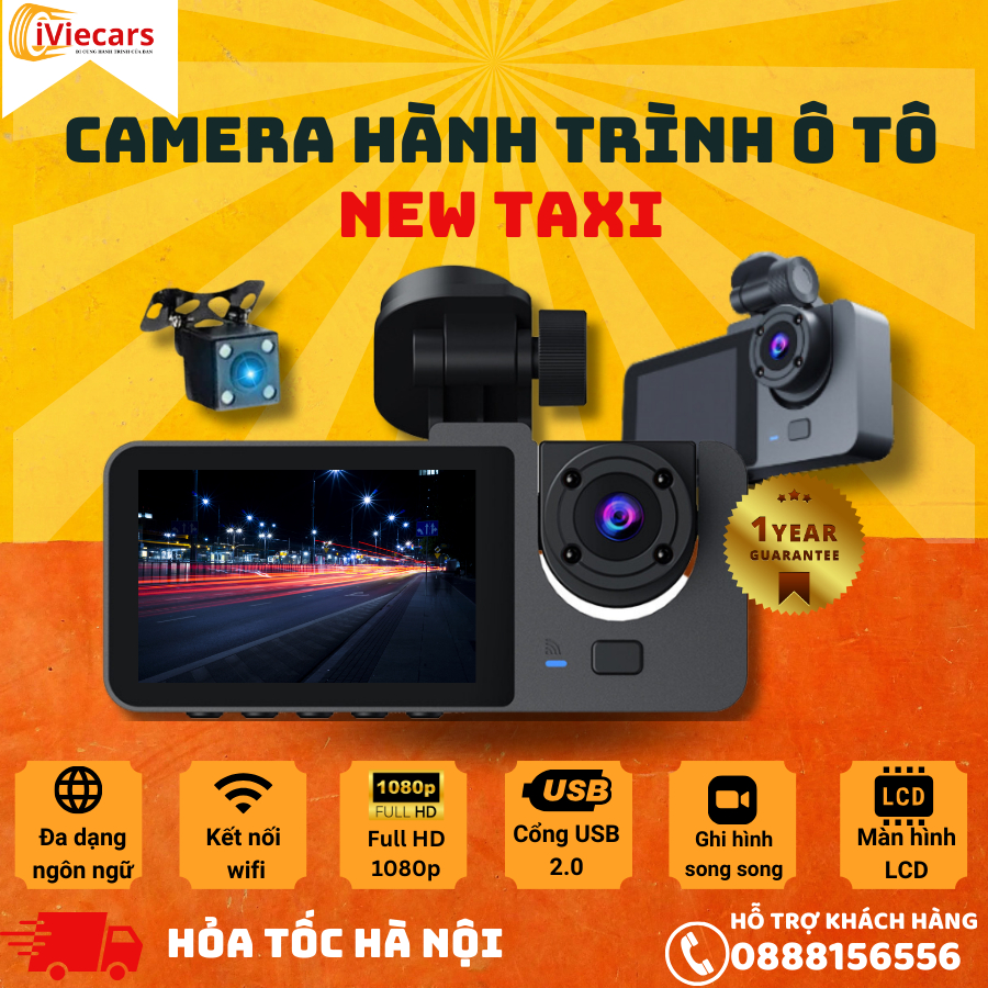 Camera hành trình 3 mắt New Taxi ghi hình tốc độ cao 1080p, camera có đèn hồng ngoại quay siêu nét
