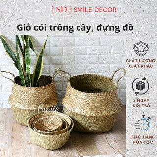 Giỏ cói trồng cây đựng đồ quần áo Smile Decor có quai xách, giỏ đi chợ bảo vệ môi trường