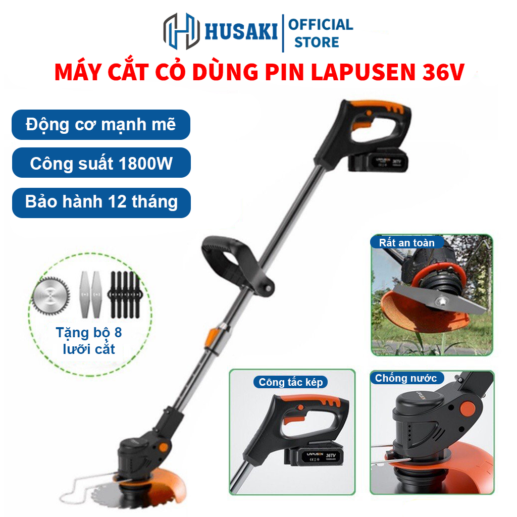 Máy cắt cỏ pin mini cầm tay LAPUSEN 36V 1800W động cơ lõi đồng cắt cỏ cây tiện lợi bảo hành 12 tháng