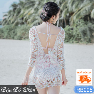 Áo ren lưới đi biển dáng chui tay dài, hoạt tiết sang trọng, chất ren dày đẹp, lưng trần sexy, phối cùng bikini | RB005