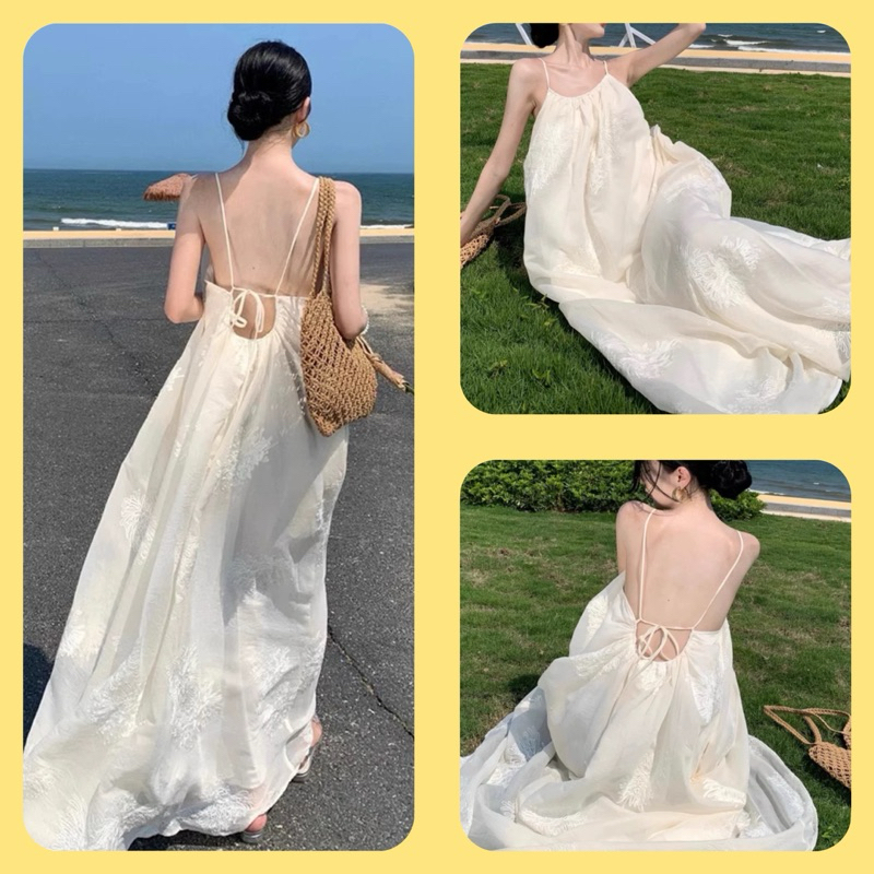 Váy Maxi Trắng 2 Dây Hở Lưng