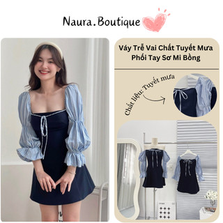 Váy trễ vai - váy đầm sơ mi trễ vai cổ vuông form váy chữ a có cúp ngực