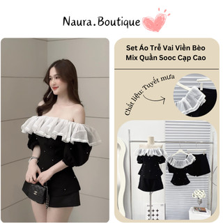 Set áo trễ vai viền bèo kèm quần sooc tuyết mưa cạp cao - áo trễ vai cộc tay
