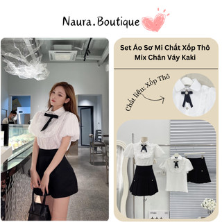 Set áo sơ mi ren tiểu thư phối cùng chân váy kaki đen xếp ly