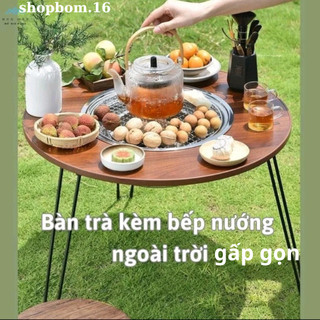 Bếp nướng than hoa gấp gọn ngoài trời BBQ, Bàn trà kèm bếp nướng ngoài trời gấp gọn du lịch để sân vườn đa năng