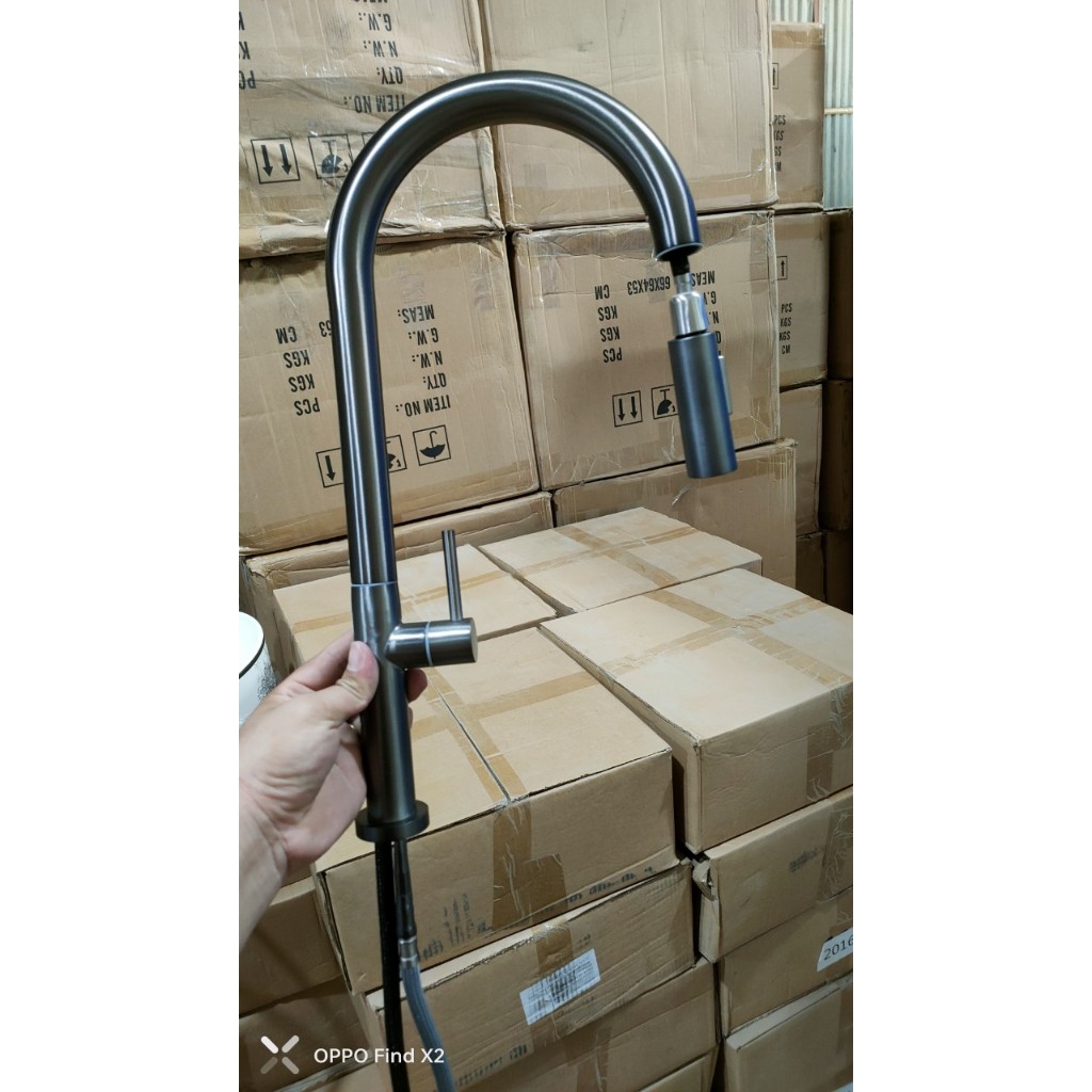 Vòi rửa chén bát Rút dây 1 đường nước Lạnh inox 304, đầu 2 chế độ nước xám đen