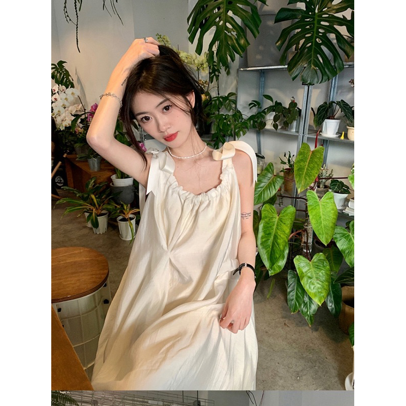 Váy maxi nơ vai dáng dài màu be, Đầm maxi dáng suông đi biển