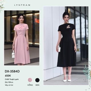Đầm xòe dự tiệc đính hoa ngực ngọc trai, váy xòe dạo phố cổ leo ngắn tay DX-3584N