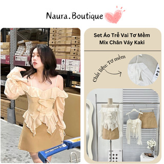 Set áo bèo tơ 2 lớp phối chân váy kaki dày dặn màu be dày dặn