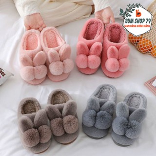 Dép Lông Nữ Giữ Ấm Họa Tiết Bông Tròn Tai Thỏ Cute, Dép Bông Quai Ngang Đế Mềm Đi Trong Nhà Mùa Đông Chống Trơn Trượt.