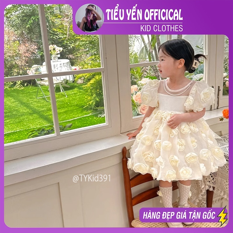 Quần áo trẻ em, Váy công chúa bé gái, váy hoa hồng kem 3D tiểu thư có vải lót cho bé từ 9-20kg V391 | Tiểu Yến KID