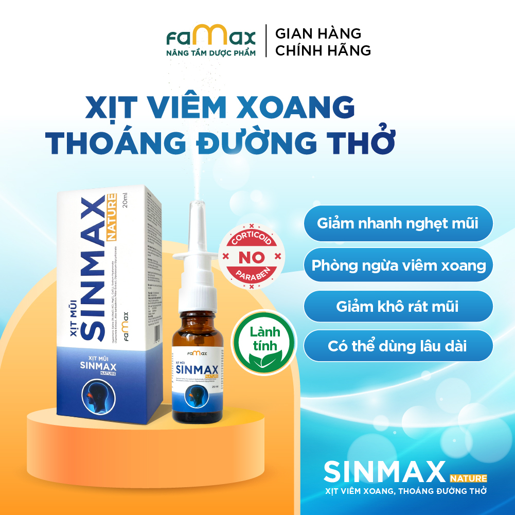 {Sinmax Nature }Xịt nghẹt, sổ mũi lọ 20ml giúp giảm nhanh viêm xoang, thoáng đường thở