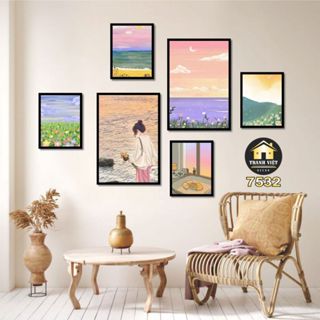Bộ 6 bức tranh treo tường, tranh dán tường, đồ decor phòng ngủ bàn học, phong cách hiện đại, vintage, Tranh Việt Decor
