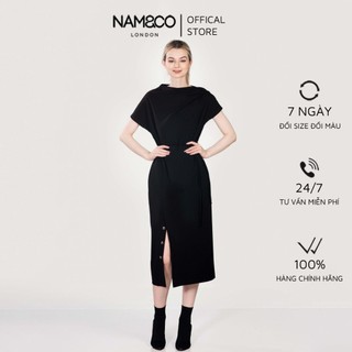 Đầm nữ Namandco dài qua gối, cổ thuyền nhún, có xẻ vải mềm co giãn size S,M,L,XL màu đen, be ND0369