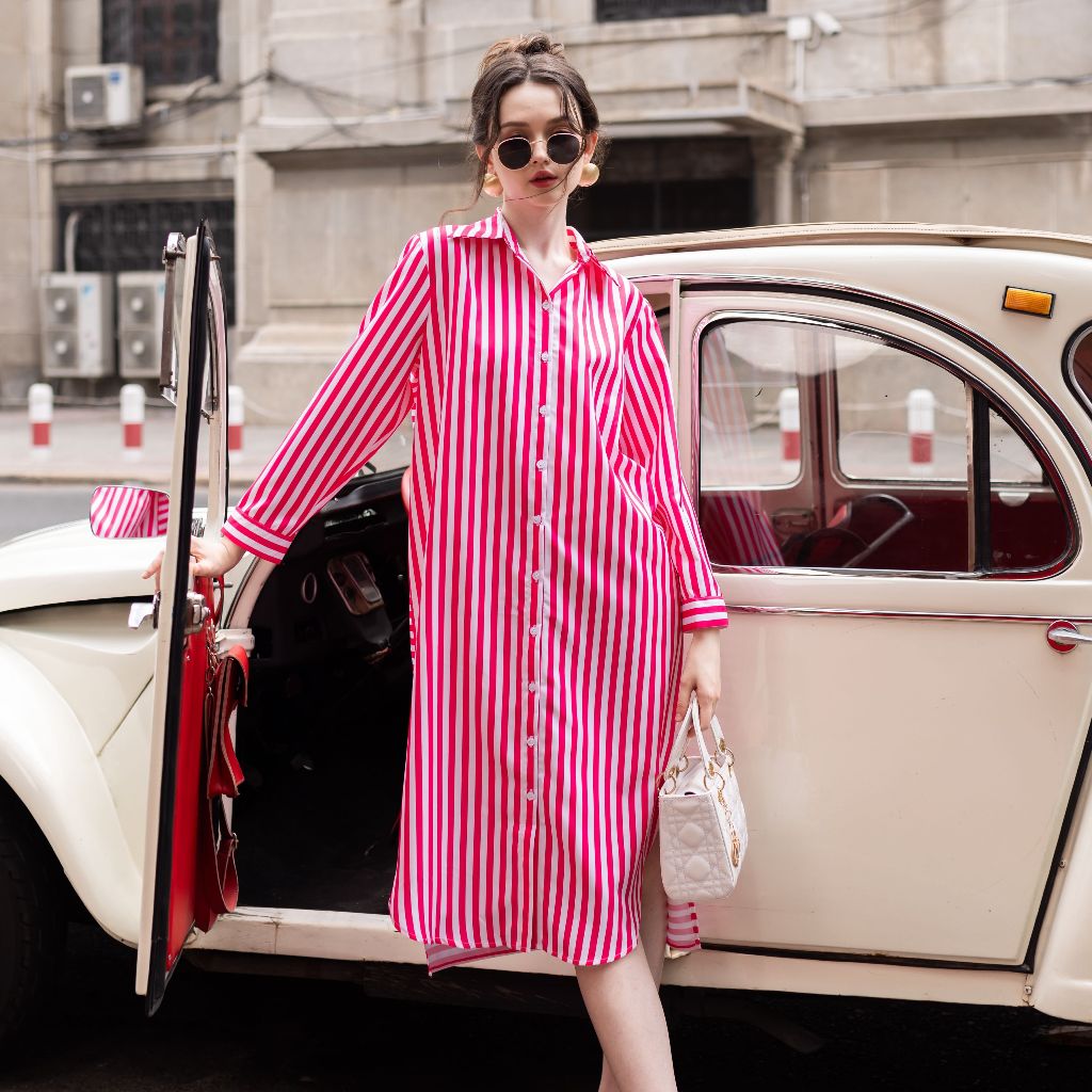 Đầm sơ mi sọc hồng NGADO