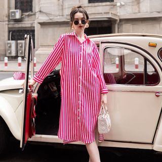 Đầm sơ mi sọc hồng NGADO