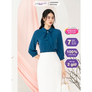 Áo sơ mi nữ công sở thiết kế lavender fashion màu xanh coban cổ phối 2 nơ a3013