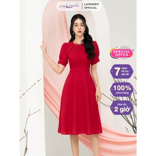 Đầm công sở thiết kế LAVENDER FASHION màu đỏ dáng xòe cổ tròn đính ngọc D2999