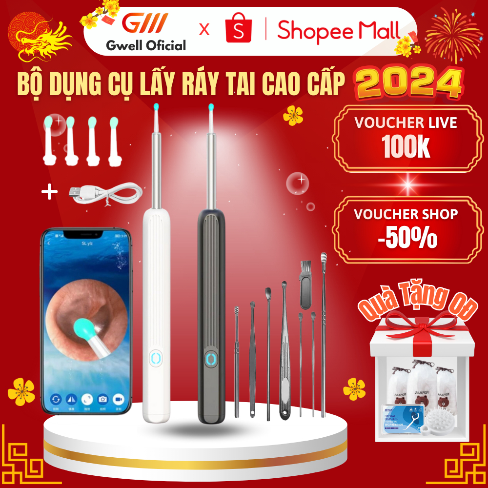 Bộ dụng cụ lấy ráy tai GODWELL có gắn camera nội soi đa năng hình ảnh Full HD 1296P sắc nét