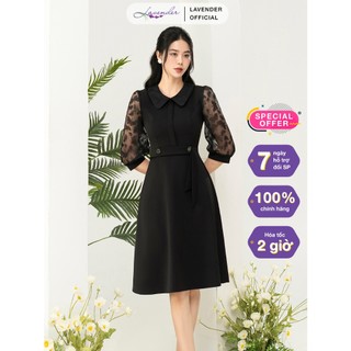 Đầm công sở thiết kế LAVENDER FASHION màu đen cổ sen tay phối ren mềm mại D2995