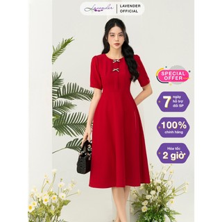Đầm công sở thiết kế LAVENDER FASHION màu đỏ dáng xòe cổ đính đá D3003