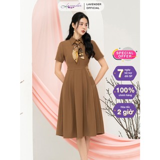 Đầm công sở thiết kế LAVENDER FASHION màu nâu cổ đức phối khăn kiểu dáng xòe D3004